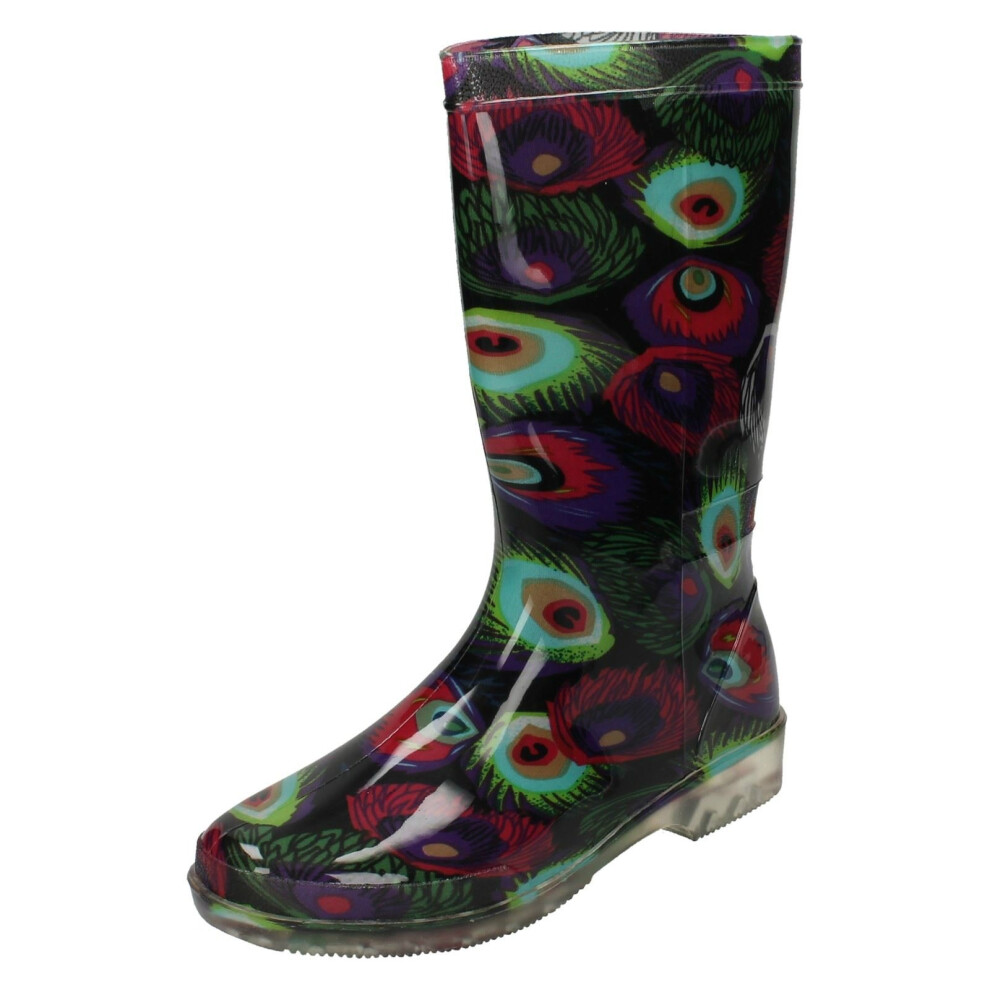 (UK 5, Black Multi (Black)) Ladies Spot On Calf High Peacock Print Wellington Boots