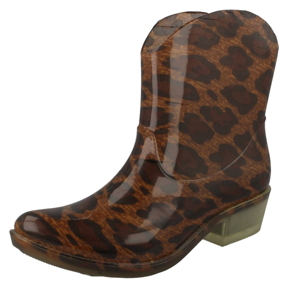 (UK 5, Tan Leopard (Brown)) Ladies Spot On Cowgirl Ankle Wellington Boots