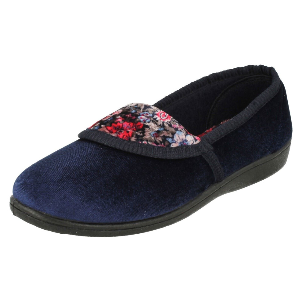 (UK 6, Navy (Blue)) Ladies Spot On Quality Slippers Floral Pattern Slippers