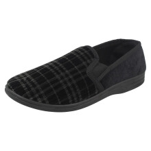 (UK 7, Black) Mens Spot On Checked Slippers