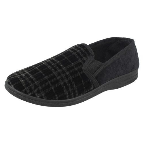(UK 7, Black) Mens Spot On Checked Slippers