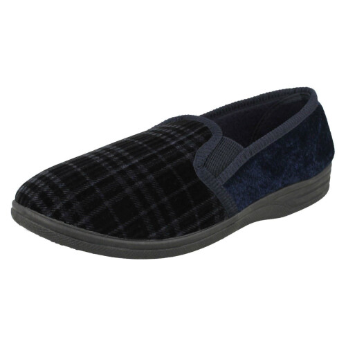 (UK 8, Navy (Blue)) Mens Spot On Checked Slippers
