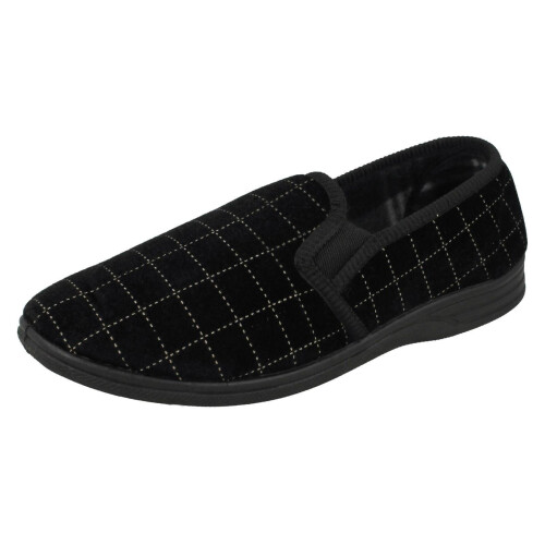 (UK 7, Black) Mens Spot On Check Slippers MS62