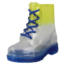 (UK 11 Child, Lemon/Navy (Blue)) Girls Spot On Gradiant Transparent Lace Up Welly Boot