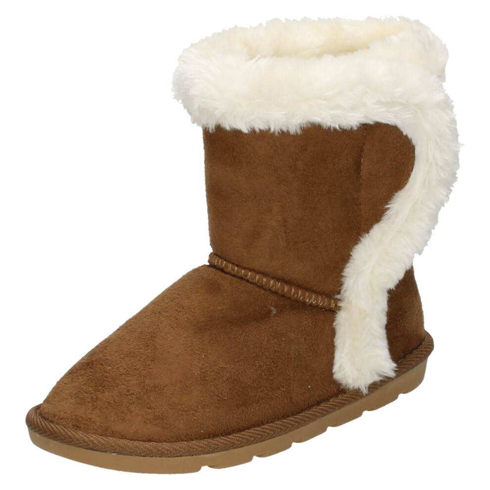 (UK 8 Child, Dark Tan (Brown)) Girls Spot On Fur Trim Ankle Boots