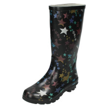 (UK 12 Child, Black) Girls Spot On Star Print Wellington Boot