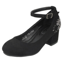 (UK 11 Child, Black) Girls Spot On Mid Heel Ankle Strap Shoes