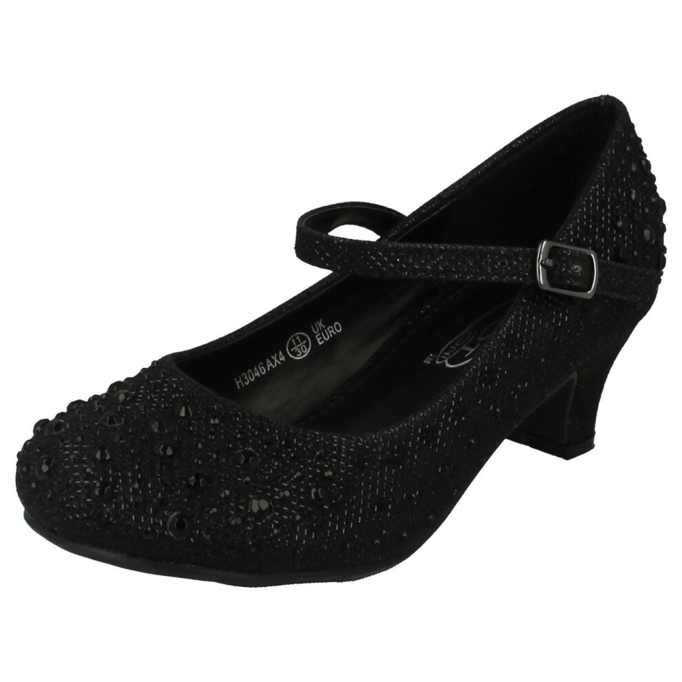 (UK 2 Child, Black) Girls Junior Spot On Sparkly Kitten Heel Party Shoes