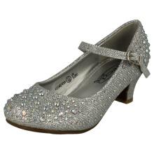(UK 2 Child, Silver) Girls Junior Spot On Sparkly Kitten Heel Party Shoes