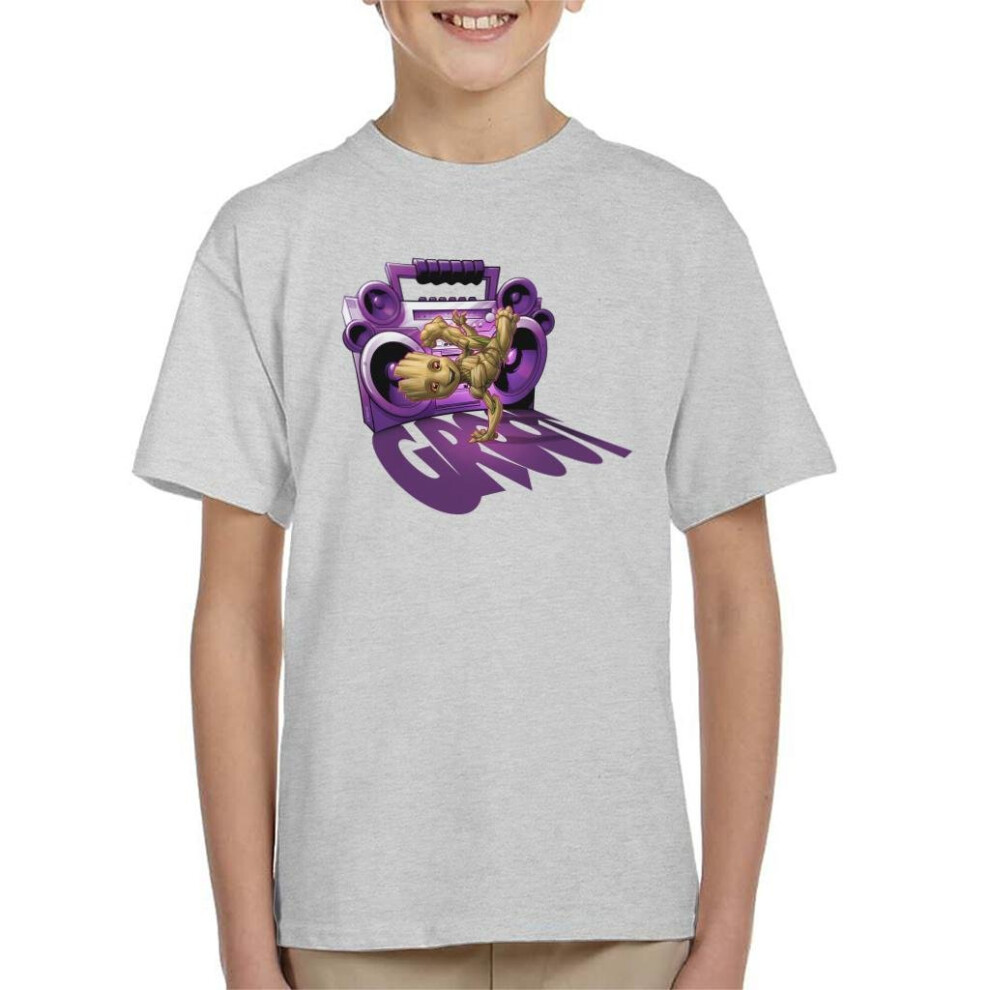 (Medium (7-8 yrs), Heather Grey) Marvel Guardians Of The Galaxy Breakdancing Groot Kid's T-Shirt