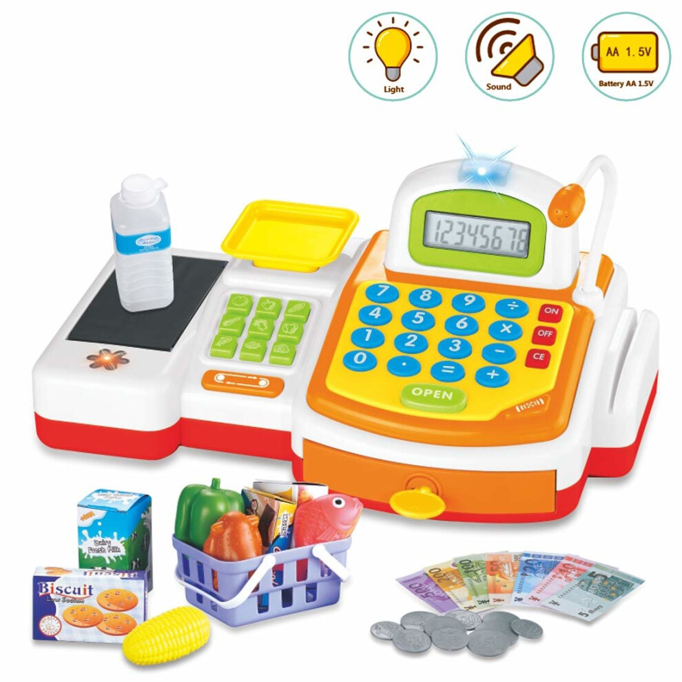 deAO Play Supermarket Shop Toys With Calculator ,Working Scanner,Credit Card ,Play Food ,Money and Groceries Shopping Basket (YELLOW)