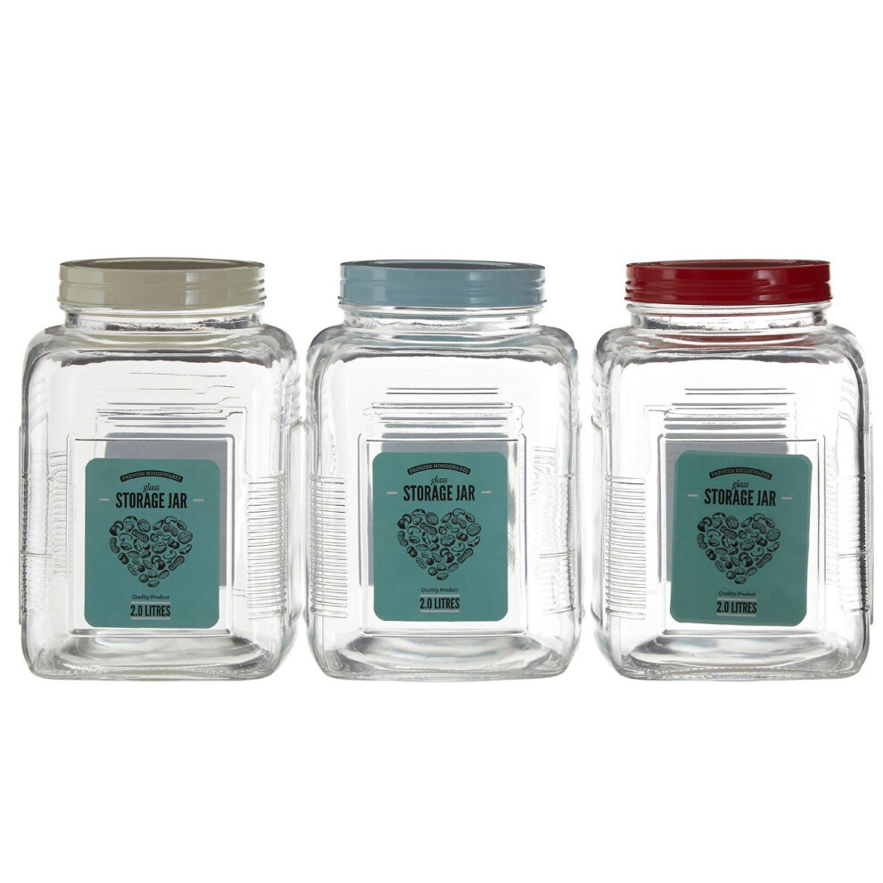 Premier Housewares 2000 Ml Glass Storage Jar Assorted Coloured Lids