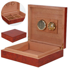 Brown Cedar Wooden Lined Cigar Humidor Humidifier + Hygrometer Box