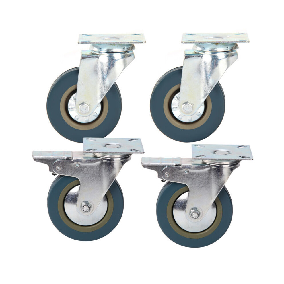 4x 100mm Heavy-Duty Rubber Swivel Castors with Brakes (2 brakes, 2 plain) - 600kg Total Load, 4-Bolt Plate, 360-Degree Rotation