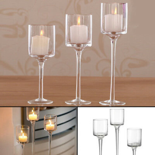 Set of 3 Tall Glass Large Candle Holders Centrepiece Wedding Candles