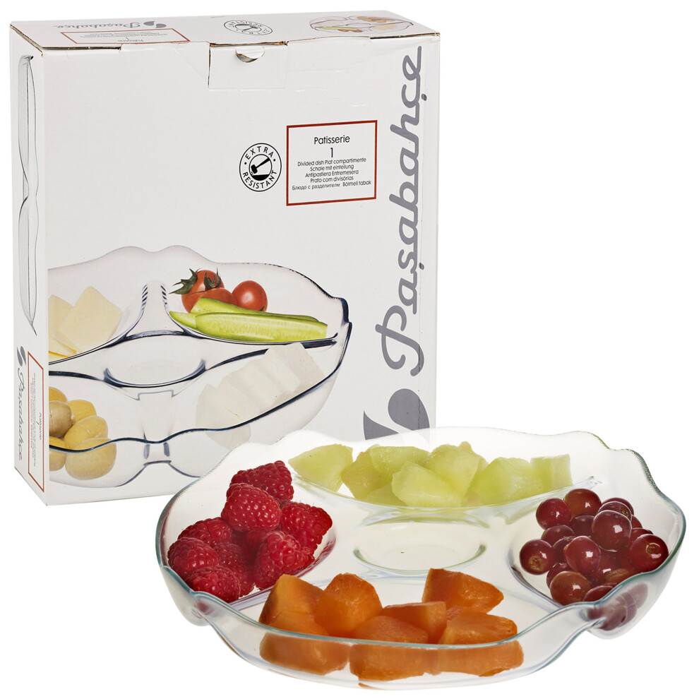 Pasabahce Glass Serving Bowl for Snacks, Dips, Tapas - 5 Compartments