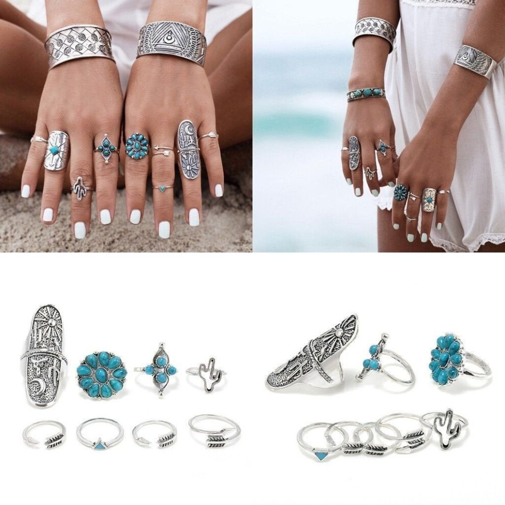 9pcs/Set Women Bohemian Vintage Silver Stack Rings Above Knuckle Blue Rings Set-image-OPC-P52MZWH-NEW