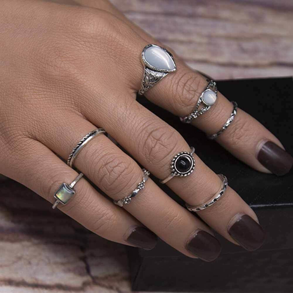 KISS WIFE 2017 Fashion 8PCS /Set Rings Wedding Jewelry Vintage Carved Flower Water Drops Opal Shell Resin Boho Ring For Women