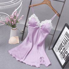 Women Ladies Sexy Nightdress Silk V-neck Floral Sleepwear Lingerie Babydoll Nightgown Mini Sleeveless Sleepshirt With Padded Bra