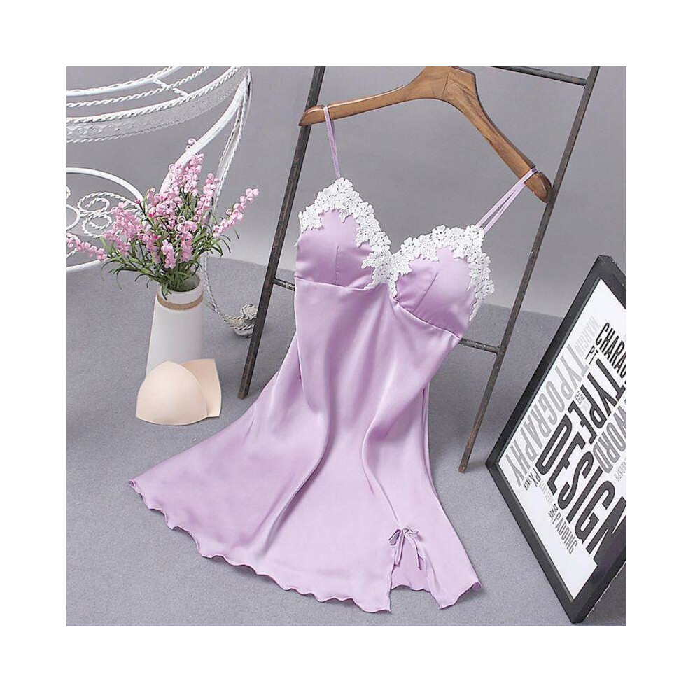 Women Ladies Sexy Nightdress Silk V-neck Floral Sleepwear Lingerie Babydoll Nightgown Mini Sleeveless Sleepshirt With Padded Bra