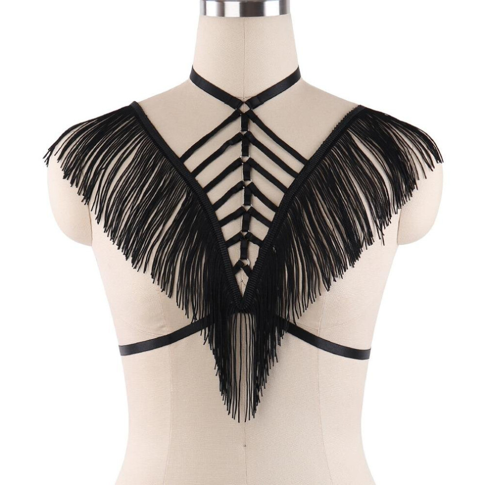 Christmas gift Black Tassels Body Harness Fetish Top Cage Bra