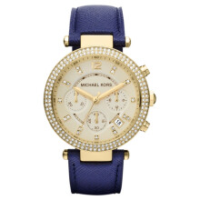 Michael Kors MK2280 Montre chronographe pour femmes en acier inoxydable, boîtier en or rose 39 mm, cadran champagne et bracelet bleu, étanche 10 ATM