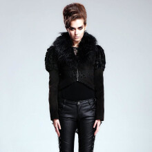 Punk Gothic Detachable Fur Collar Jackets Punk Women\'s Short Jacket Lapel Neck Fishtail Jackets with Back Lacing