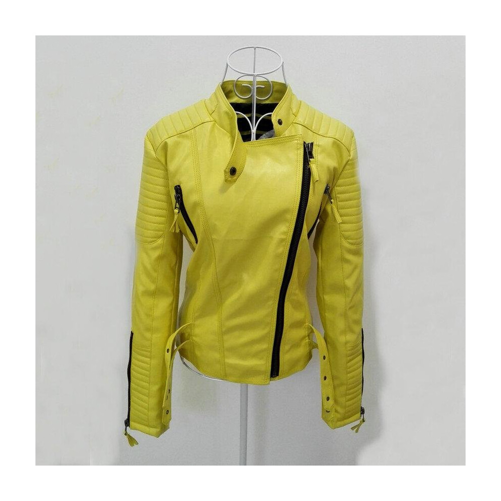 Women faux leather jacket jaquetas casacos de couro feminino long sleeve PU coat yellow big size XS XL motorcycle biker jacket