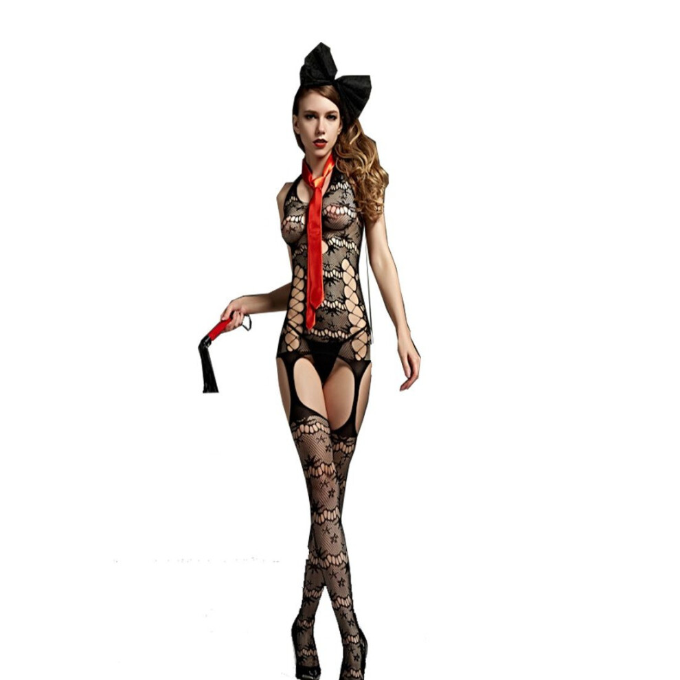 Black Sexy Women Bodystocking Free Size Flower Hollow Out Erotic Bodysuits Ladies Fancy Body Stocking Garters Sleeveless Lingerie Gift