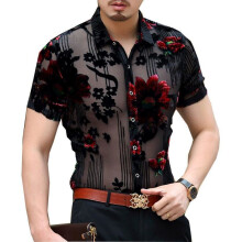 Transparent Flower Velvet Shirt Men See Through Lace Shirt Men Club Party Floral Flower DJ Prom Shirt Short Sleeve Chemise Homme