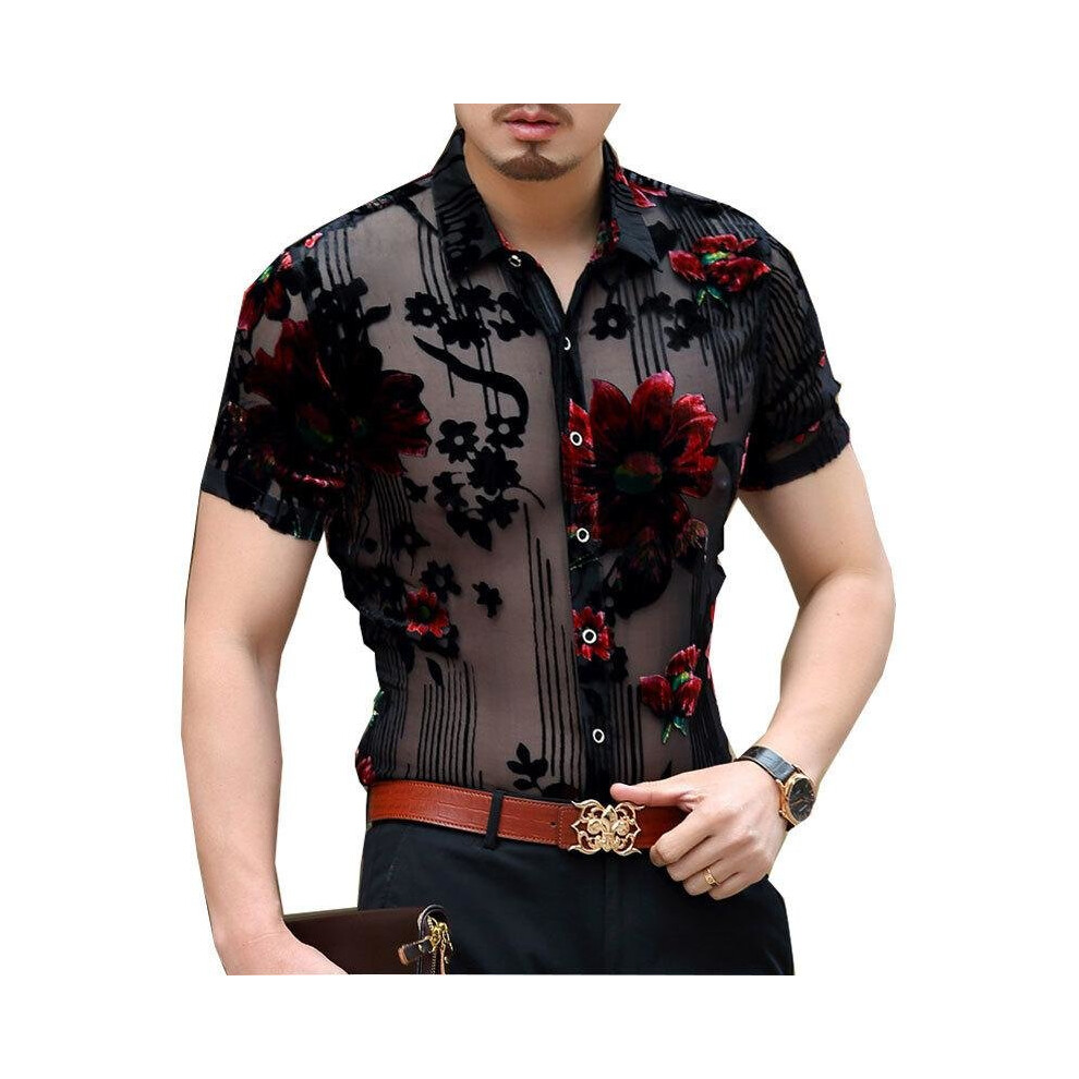 Black Transparent Flower Velvet Shirt Men See Through Lace Shirt Men Club Party Floral Flower Dj Prom Shirt Short Sleeve Chemise Homme