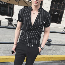 Sexy Deep V Stand Collar Shirt 2018 Summer Short Sleeve Thin Stylish Shirts For Men Designer Club Shirt Slim Fit Sexy Shirt Men
