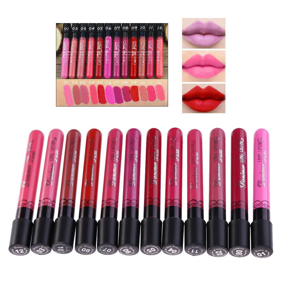 Black 12Pcs Assorted Color Liquid Lipstick Waterproof Matte Lip Cream Lipgloss Super Long Lasting