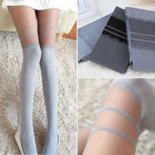 Vintage Sexy Stockings Pantyhose MOCK OVER THE KNEE DOUBLE STRIPE SHEER TIGHTS SILVER GREY COLOR FREE SHIPPING
