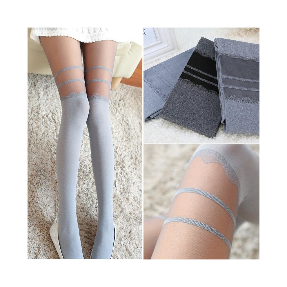 Vintage Sexy Stockings Pantyhose MOCK OVER THE KNEE DOUBLE STRIPE SHEER TIGHTS SILVER GREY COLOR FREE SHIPPING