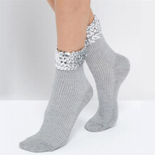Women\'s Handmade Bling Sequins Socks.Casual Female Grey Solid Color Short Socks.Ladies Silver Sequin Sox