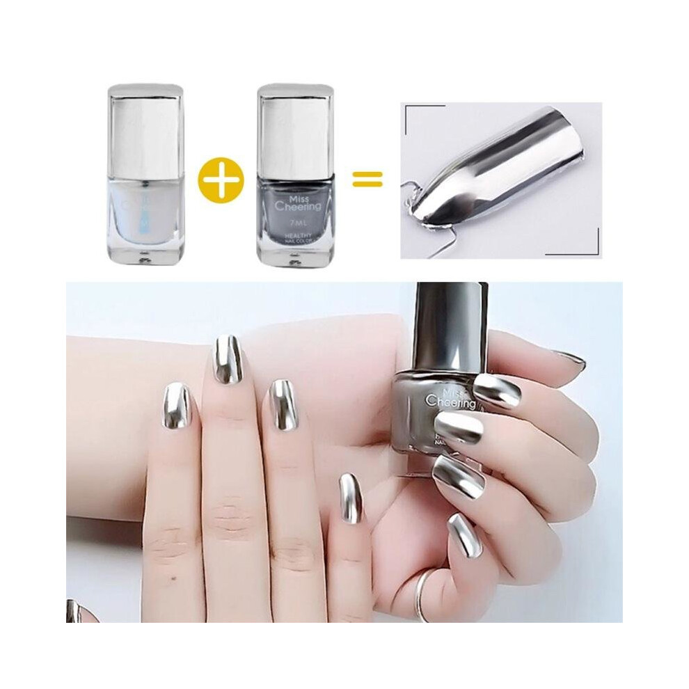 Mirror Nail Polish Metallic Lacquer Silver Nail Mirror Effect Metal Gold Nail Gel Polish Base Top Coat Nails Art Tips 2PC