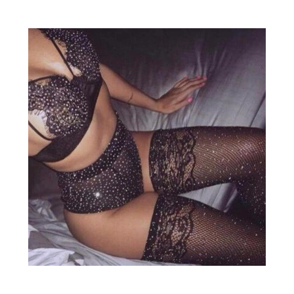 Black Sexy Stockings Female Mesh Fishnet Pantyhose Women Tights High Over Knee Femal Stockings Bling Rhinestone Hosiery Meias Sw119