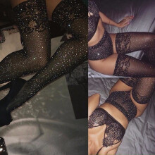 Sexy Stockings Female Fishnet Pantyhose Women Tights High Over Knee Femal Stockings Hosiery Meia Bling Rhinestone Clubwear SW119