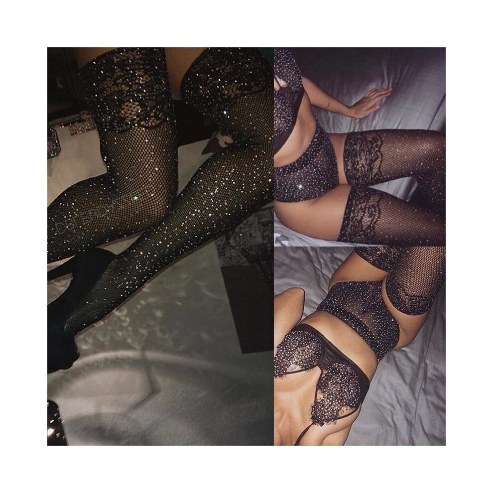 Black Sexy Stockings Female Fishnet Pantyhose Women Tights High Over Knee Femal Stockings Hosiery Meia Bling Rhinestone Clubwear Sw119