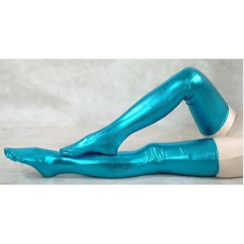 Woman lake blue shiny metallic sexy thigh high socks fetish unisex