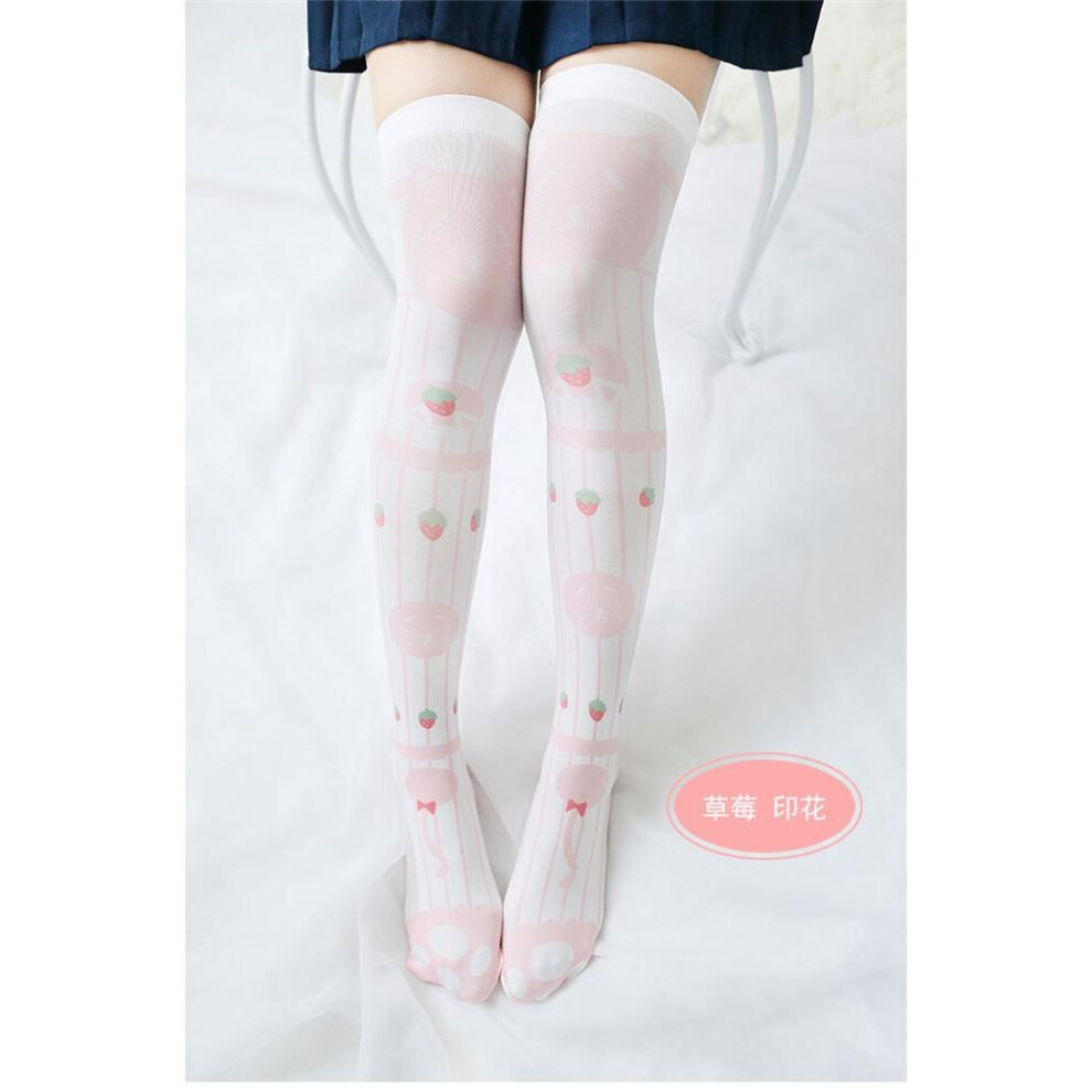 Black Stockings Socks Up Knees Lolita Print Cat Strawberry Cosplay Accessories Japanese Style Free Shipping