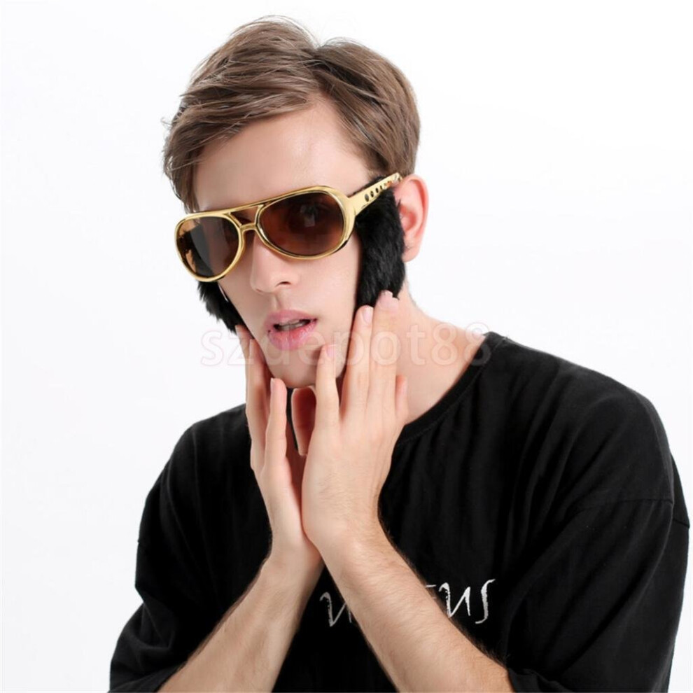 Novelty Gold Sunglasses Funny Beard Glasses 70s Disco Costume Elvis Presley Props