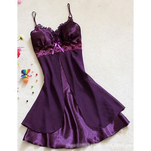 Women Sexy Silk Satin Night Gown Sleeveless Nightdress Lace Sleep