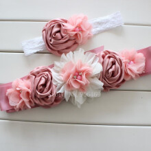 Fashion Vintage Pink/ivory flower Belt,Girl Woman Sash Belt Wedding Sashes belt with flower headband 1 SET