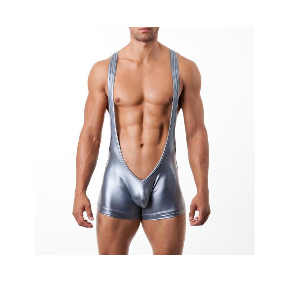 Black Sexy Gay Men Underwear Jockstrap Wrestling Singlets Boxers Jumpsuit Bodysuit Faux Leather Erotic Lingerie Costume