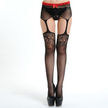 Red Bow Lace Garters Transparent Thigh High Sexy Stockings Balck Fishnet Stay Up Nylon Stocking for Women Over The Knee Meias