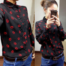 Girls Sexy Kiss Printed Collared Chiffon Long Sleeve Button Down OL Shirt Blouse