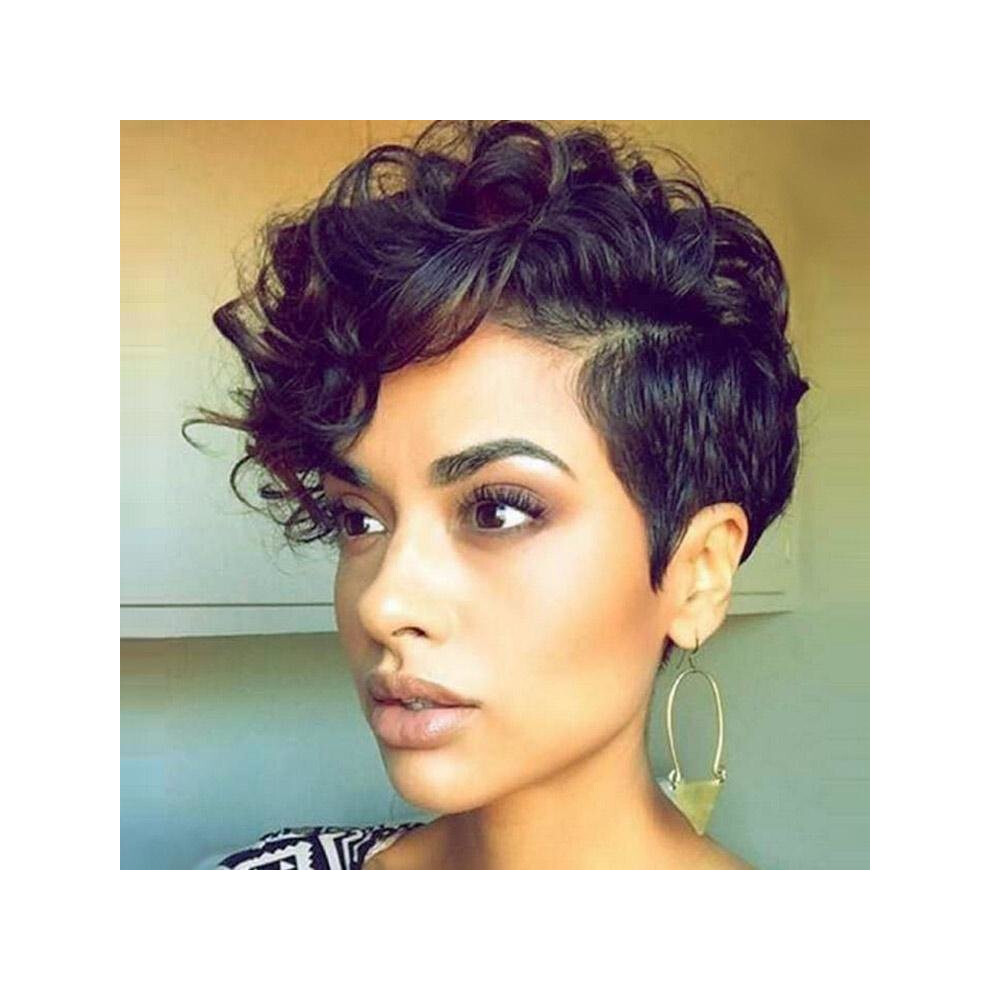 Unisex Black Pixie Cut Curly Natural Highlights Synthetic Hair Wig Hair Accessories