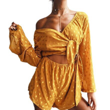 Two Piece Set 2017 Long Sleeve Womens Polka Dot Blouse Ladies Tracksuits Cropped Summer Tops And Shorts Sportswear 2 Piece Set